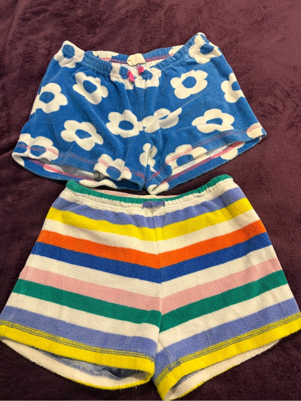 Boden Blue Floral & Rainbow Stripe Terry Shorts Duo